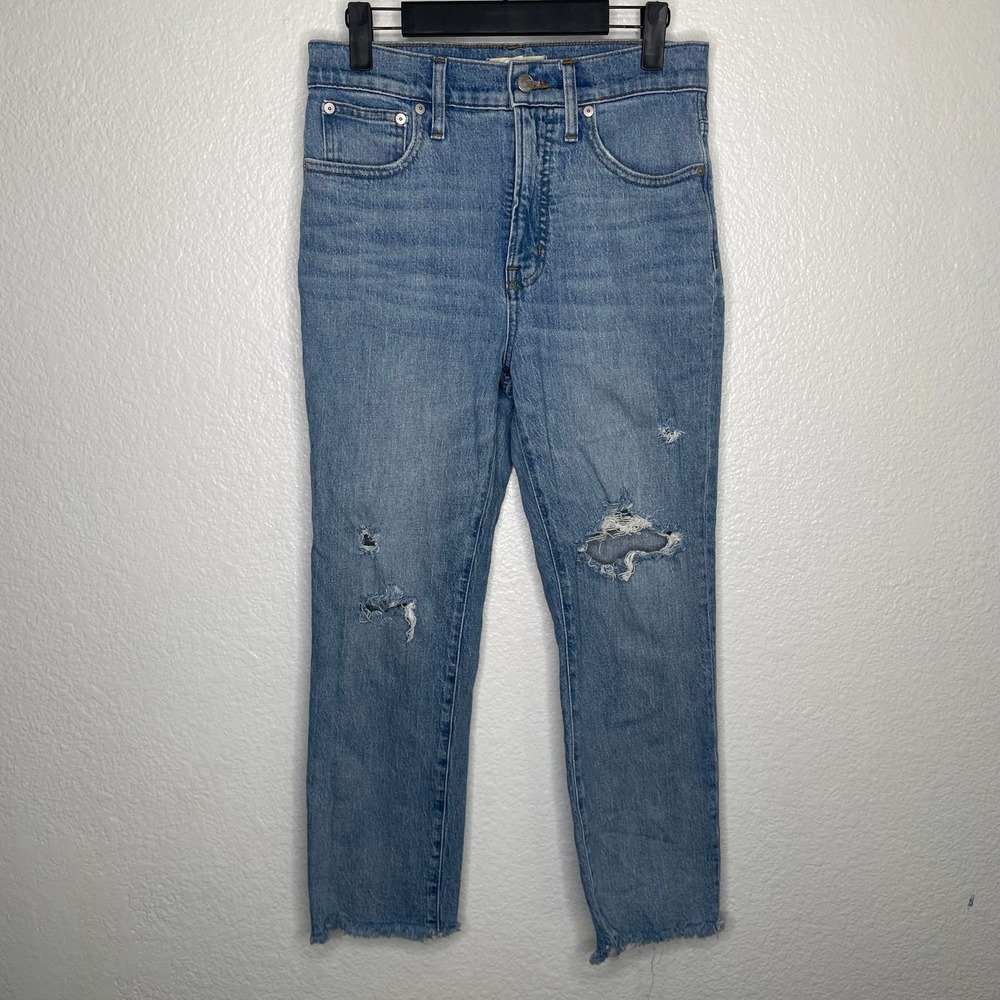 Madewell The Perfect Vintage Jean 27P Distressed High Rise Raw Hem Blue Denim